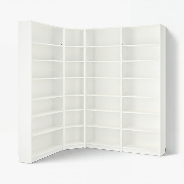 White BILLY bookcase, modern design, three sections, adjustable shelves, corner fitting, optimal storage.