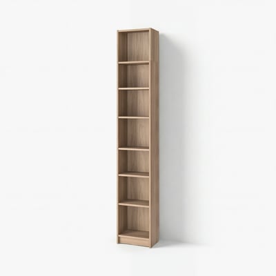 A tall BILLY bookcase in light brown colour, made of particleboard, featuring six open shelves.