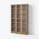 BILLY light brown wooden bookshelf with glass doors, featuring multiple shelves, against a white wall.