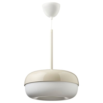 A BLÅSVERK pendant lamp. Its white, made of aluminium and recycled plastic, featuring a smooth, round shape with a modern, retro design.