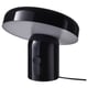 Black spherical lamp, BLOMPRAKT, glossy steel top, plastic base, dimmable light.