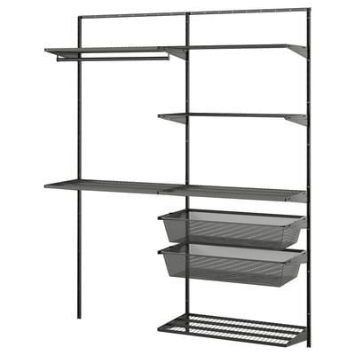 BOAXEL grey metal wall storage with shelves and mesh baskets for organising laundry.