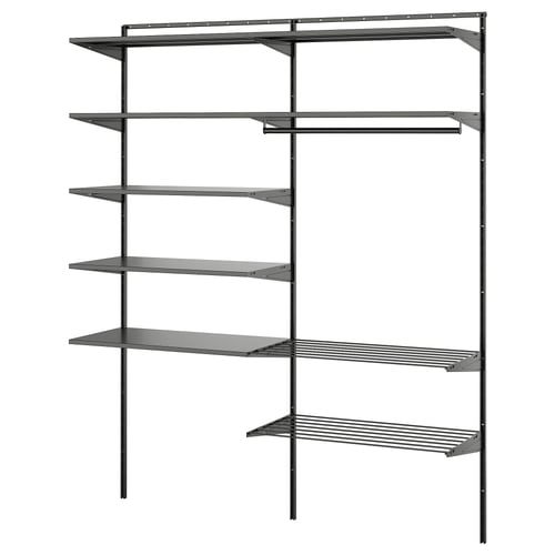 BOAXEL: dark grey wall-mounted storage system with multiple shelves and hanging racks, designed for efficient storage and drying.