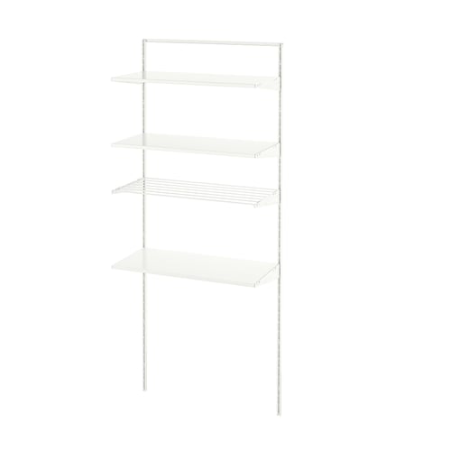 White BOAXEL wall shelf, metal & wood. Four-tier storage, modern minimalist design.