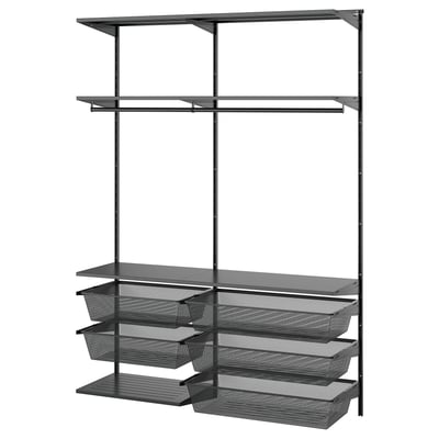 A black BOAXEL wall-mounted storage system with shelves and mesh baskets for organising laundry.