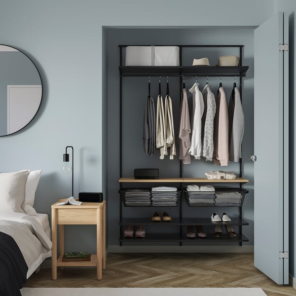 Grey BOAXEL wall storage in bedroom: hanging, shelves, shoe rack