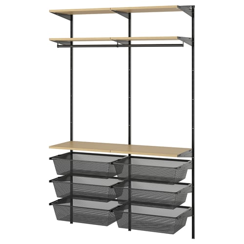 A BOAXEL storage system in black, featuring shelves and mesh baskets for organising items.