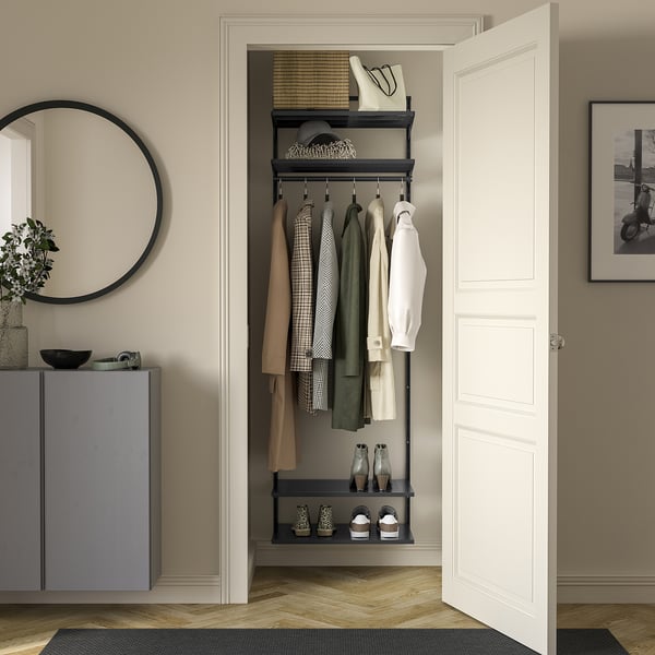 BOAXEL closet with shelves & hanging rods. Grey steel brackets. Wall-mounted, between mirror & cabinet.