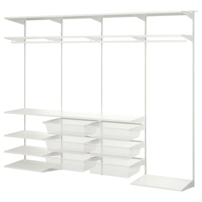 White BOAXEL wall storage system with shelves and mesh baskets.