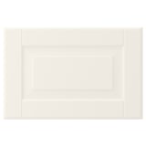 An off-white, rectangular, traditional-style BODBYN kitchen cabinet door with bevelled panels and a smooth lacquered surface.