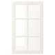 A white BODBYN cabinet door with a classic, bevelled panel design. Its rectangular with smooth, lacquered surfaces and clear glass panels.