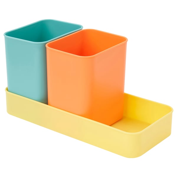 BÖNSYRSA desk organiser: teal, orange, yellow containers, yellow tray