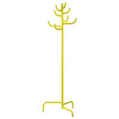 Bright yellow BONDSKÄRET coat stand with tree-like shape, sleek design, and sturdy steel base.