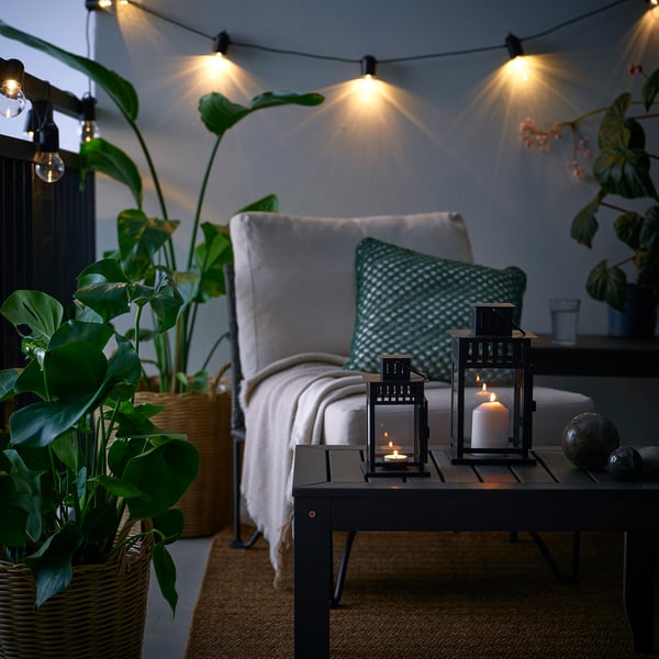 BORRBY Lantern for tealight, indoor/outdoor black, 7 ¾ "
