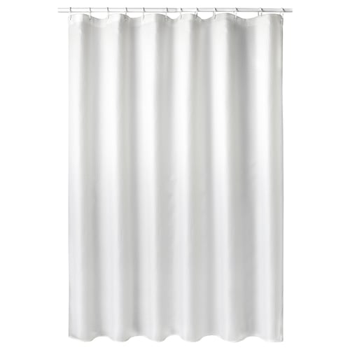 White shower curtain, borstalöe, textured waffle fabric, water-repellent, recycled polyester.
