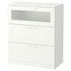 White BRIMNES chest with glass top drawer, smooth, modern, three-drawer design.