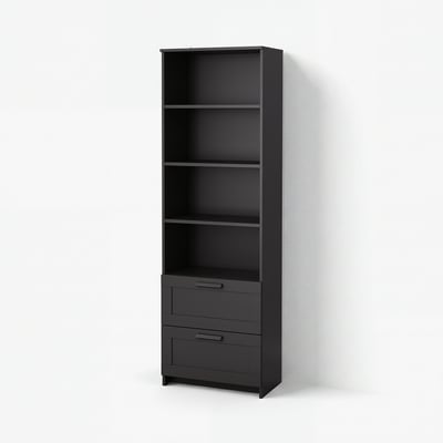Black BRIMNES shelf unit with 3 open shelves and 2 drawers, modern and simple.