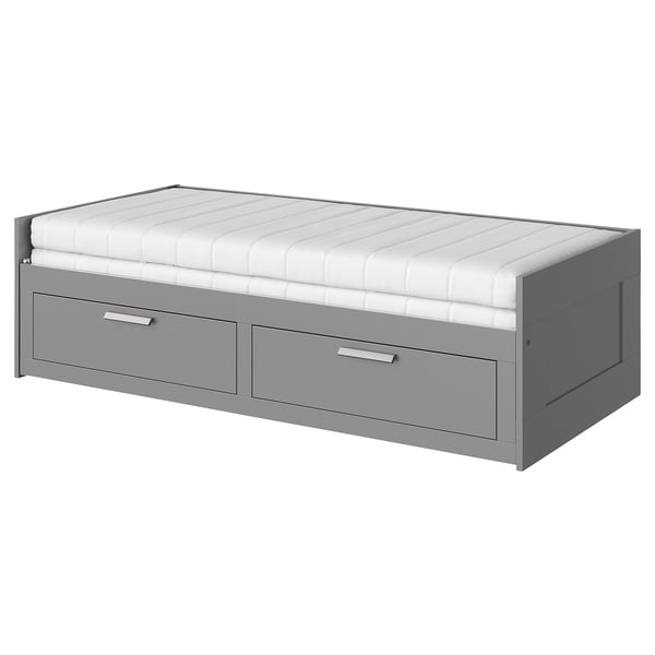BRIMNES grey day-bed with white mattress, modern minimalist design, 2 storage drawers.