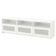 A white BRIMNES tv unit, rectangular-shaped with frosted glass doors and open shelves.
