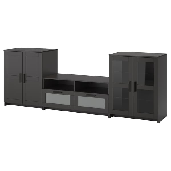 Grey BRIMNES tv stand set with mix materials, glass doors, and multiple storage options.