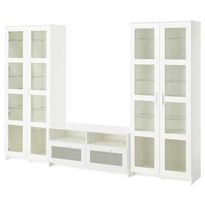 BRIMNES storage unit with glass doors, drawers, and tv bench. Sleek, modern design for storage and display.