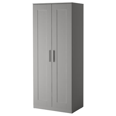 BRIMNES grey wardrobe, rectangular, two doors, handles, efficient storage.