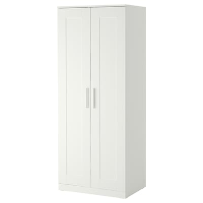 Depicts a white BRIMNES wardrobe, rectangular with double hinged doors, and a sleek modern design.
