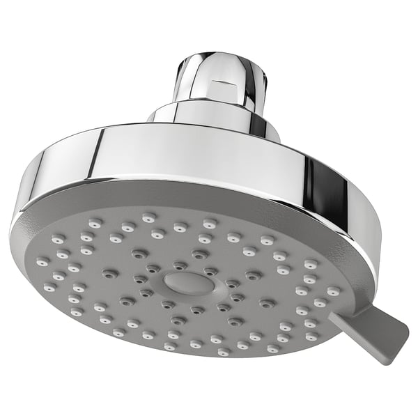 BROGRUND chrome showerhead, round with numerous small nozzles, integrated washer, smooth finish, massage and mist functions.