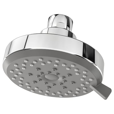 BROGRUND chrome showerhead, round with numerous small nozzles, integrated washer, smooth finish, massage and mist functions.