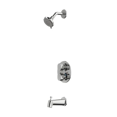 Chrome BROGRUND shower & tub tap set with shower head, control panel, and sleek tub spout.