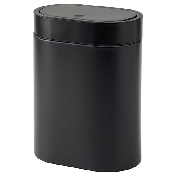 A black BROGRUND rubbish can with a sleek, slim design. It a press-open lid, wall-mount capability, and handles for easy bag attachment.