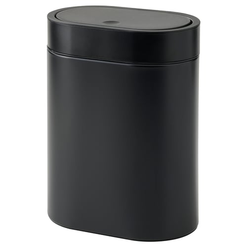 A black BROGRUND rubbish can with a sleek, slim design. It a press-open lid, wall-mount capability, and handles for easy bag attachment.