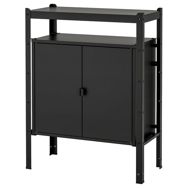 Black metal storage unit with cabinet and open shelf, featuring two doors and a simple design. Ideal for organising heavy items.