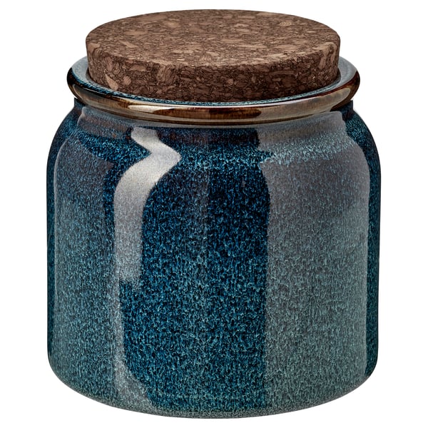BRUGDHAJ: dark blue round stoneware jar with cork lid. Decorative kitchen storage.