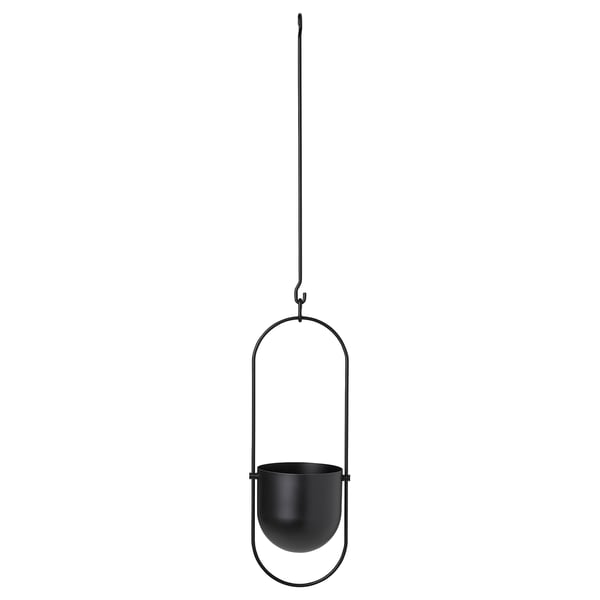 Black hanging planter, oval shape, metal wire frame, part of CHILISTRÅN series, suspends from ceiling.