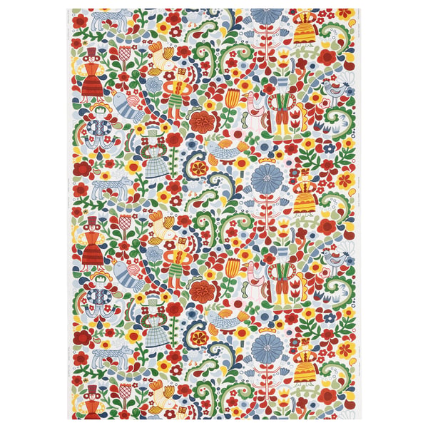 CINTIAKAKTUS fabric: vivid floral nordic folk art, 100% cotton, white base, multicolor, pre-cut.