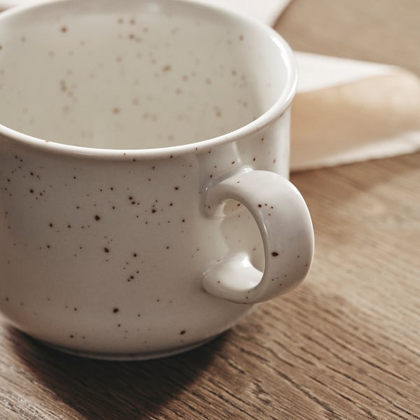 Elegant, rustic mug with speckled, light-beige finish on wooden table.