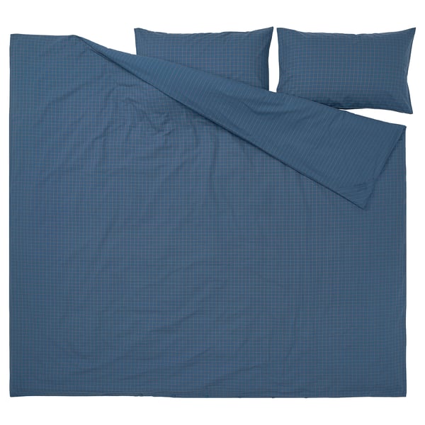 Dark blue DOFTAKLEJA duvet cover, cotton, check pattern, stripes, corner pockets