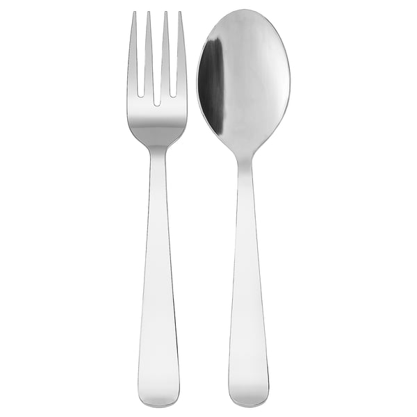 A pair of DRAGON stainless steel cutlery: a fork and a spoon. They are silver, sleek, and modern in design.