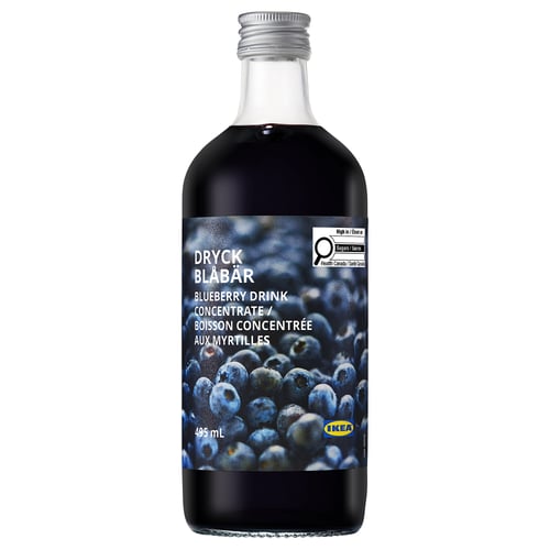 Clear bottle with blueberry drink concentrate, dark purple liquid, white cap, blueberry image label.