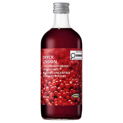 A red lingonberry drink bottle by IKEA, labelled DRYCK LINGON, standing upright.