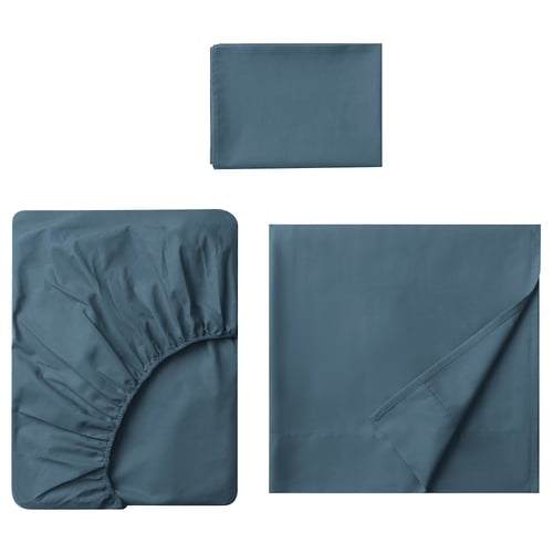Set of blue bed linens: fitted sheet, flat sheet, pillowcase, made of cotton.