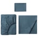 Set of blue bed linens: fitted sheet, flat sheet, pillowcase, made of cotton.