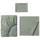 Three grey-green DVALA sheets displayed; includes flat sheet, pillowcase, and fitted sheet with elastic edges.