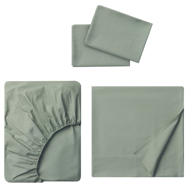 A set of sage green DVALA bed sheets laid out flat, featuring a fitted and flat sheet, plus pillowcases, all made of soft cotton.