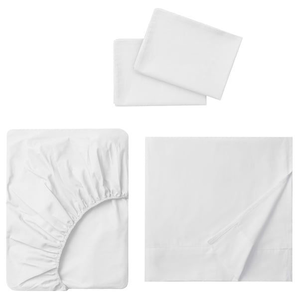 White DVALA cotton bed set: flat, fitted sheets, 2 pillowcases, elastic edges.