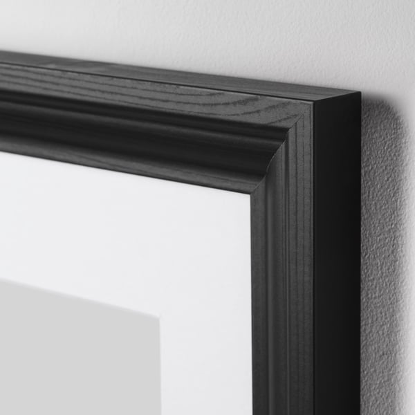 Black picture frame with a sleek, soft profile. The frame is robust, featuring a protective plastic covering and has hanging hooks for easy display.