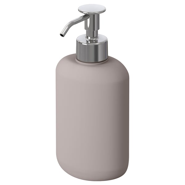 A grey EKOLN soap dispenser. It a sleek, rounded design with a chrome pump. Made of stoneware and stainless steel, it fits well in modern bathrooms.