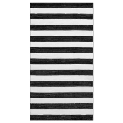 Black and white striped rug - rectangular, soft, recycled polyester.