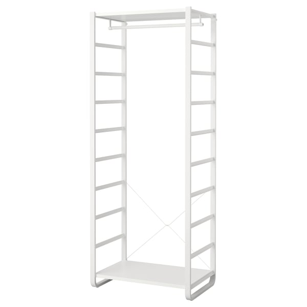 An ikea ELVARLI white organizer. Its a tall, rectangular, open-shelf storage unit with a minimalist design.